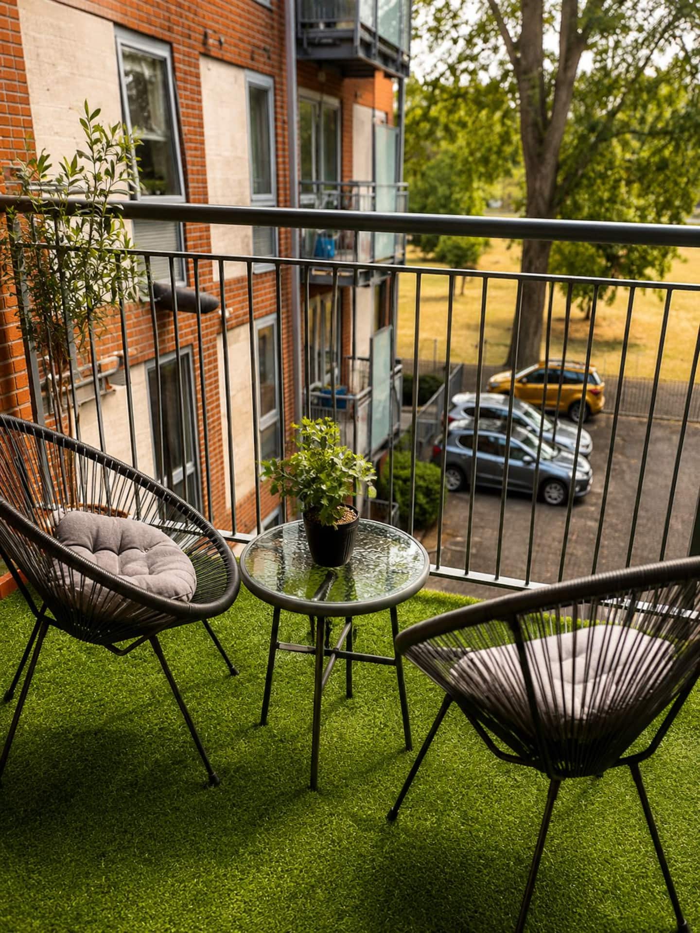 Private balcony overlooking park at Clapton apartment